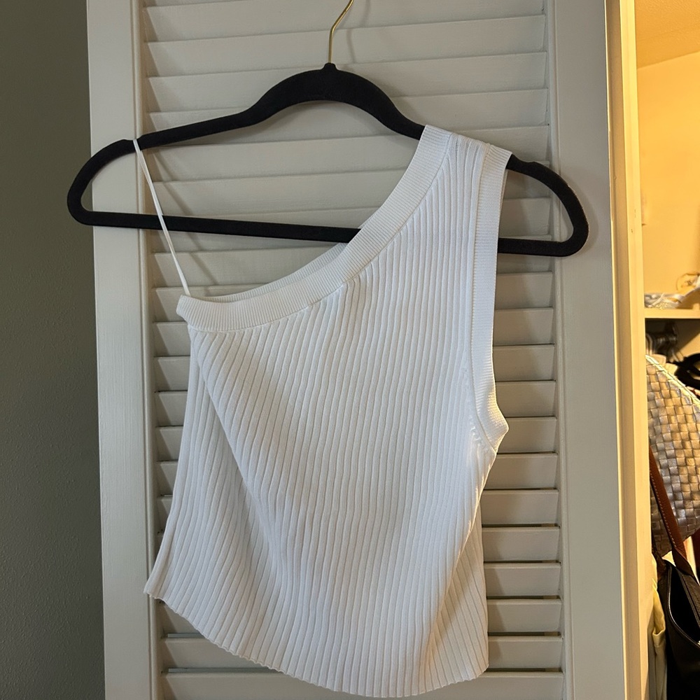 White Ribbed One-Shoulder Top - Picture 2 of 3